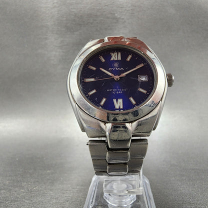 Cyma Watch Men 37mm Blue Dial Stainless Steel Date Round New Battery5