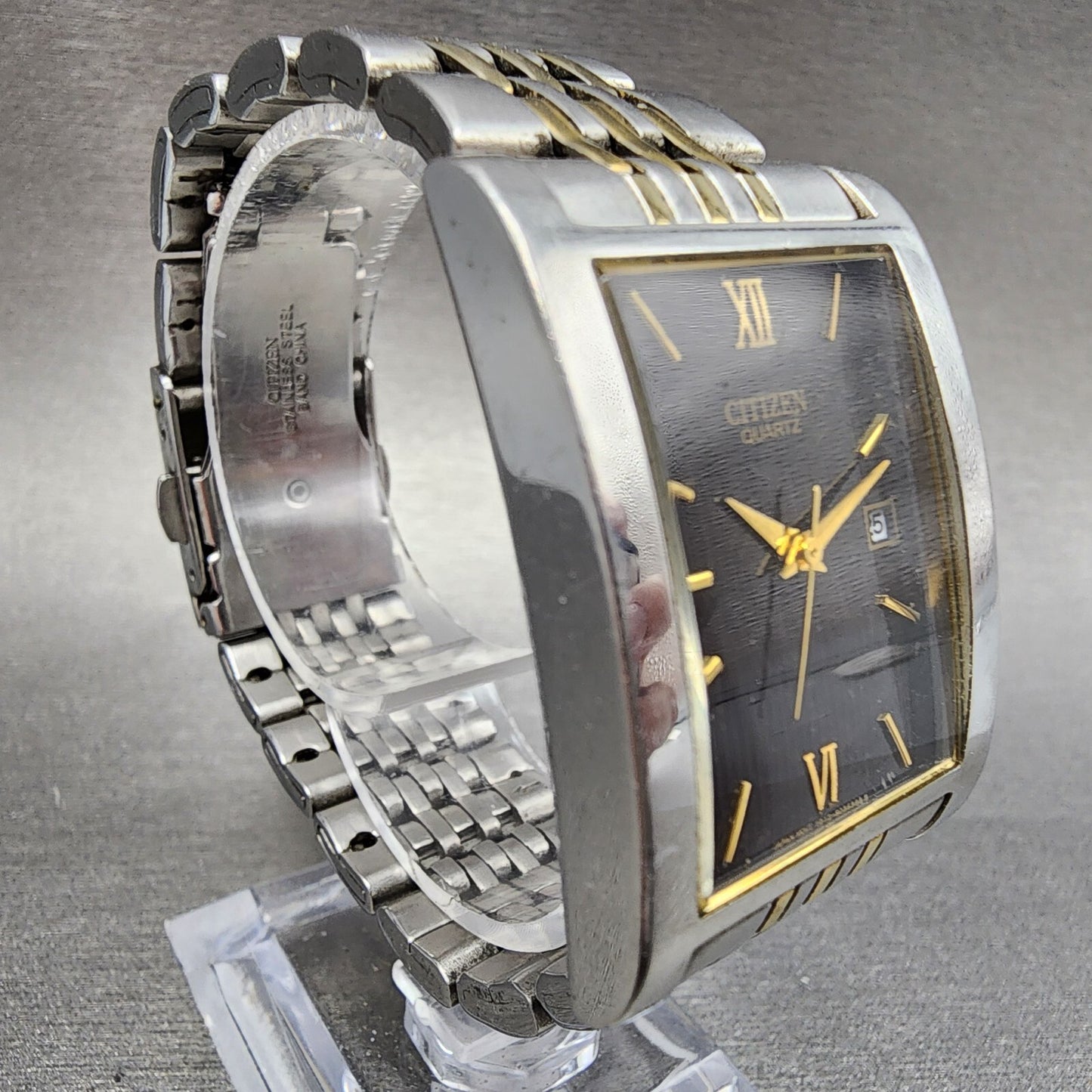 Citizen Tank Watch Men 27mm Black Dial Two Tone Date Rectangle New battery