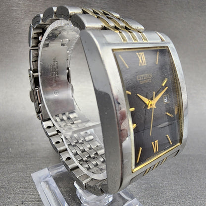 Citizen Tank Watch Men 27mm Black Dial Two Tone Date Rectangle New battery