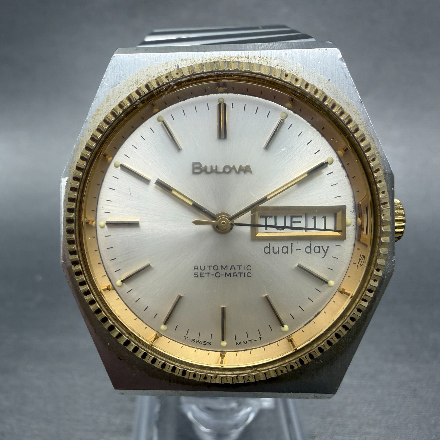 Bulova Set-O-Matic Watch Men 35mm Silver Dial Two Tone Daydate Automatic Runs0