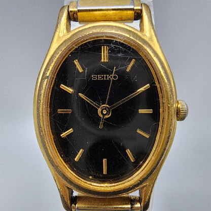 VTG Seiko Watch Women 20mm Black Dial Gold Tone Oval 4N01-5060 New Battery