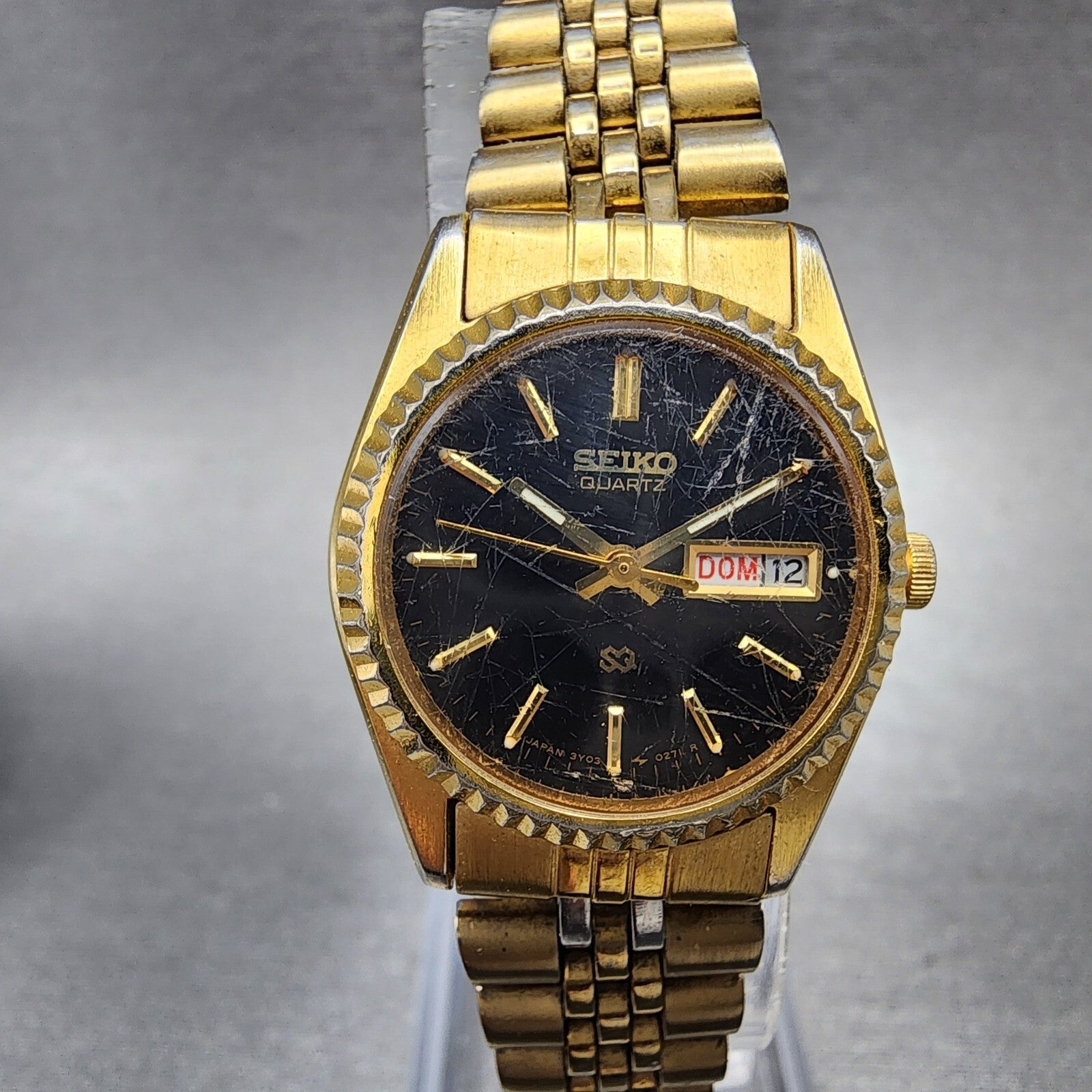 Seiko SQ Watch Women 24mm Black Dial Gold Tone Daydate Round 3Y030169 New Batt0