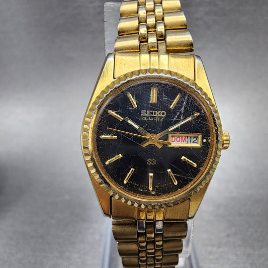 Seiko SQ Watch Women 24mm Black Dial Gold Tone Daydate Round 3Y030169 New Batt0