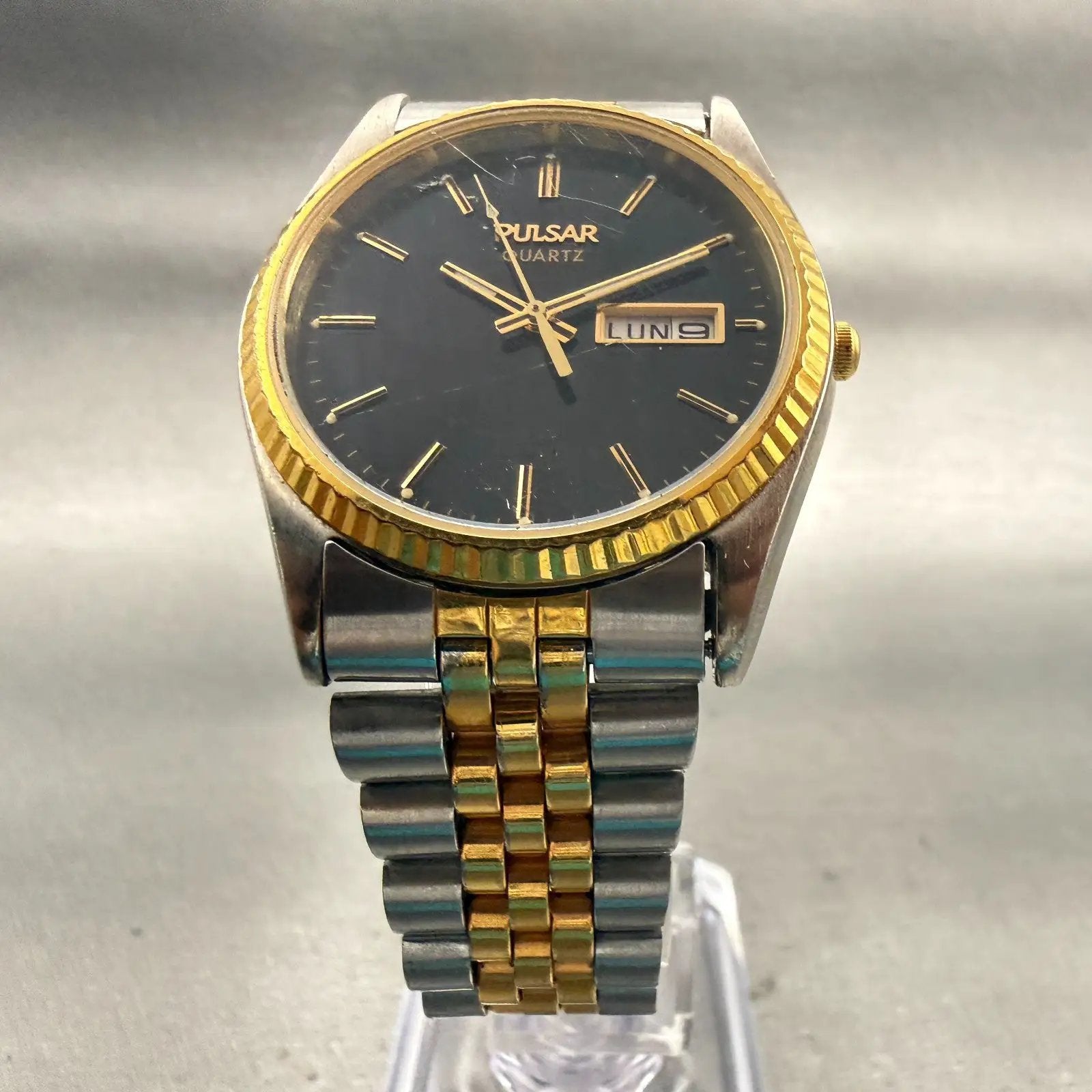 Pulsar President Watch Men 35mm Black Dial Two Tone Daydate  V533-8B50 New Batt5