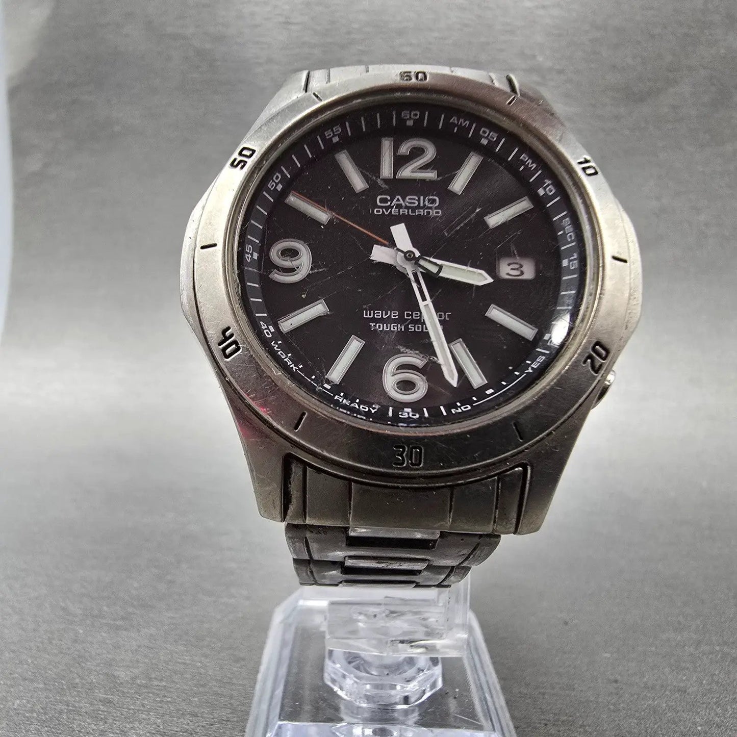 Casio Overland Wave Watch Men 42mm Black Dial Titanium Date Solar Round READ!!!!6