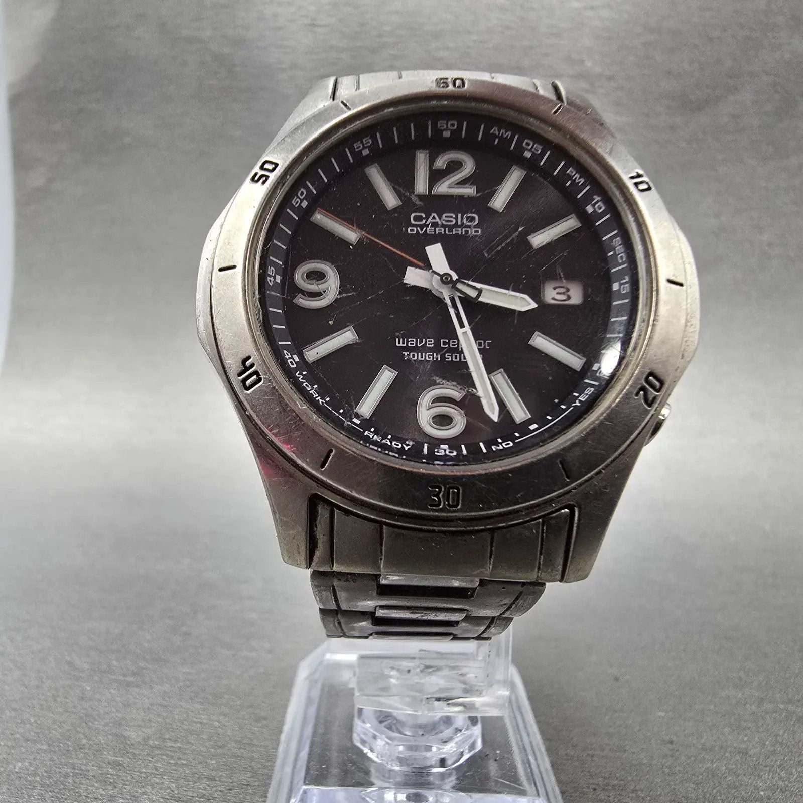 Casio Overland Wave Watch Men 42mm Black Dial Titanium Date Solar Round READ!!!!6