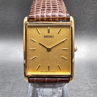 Seiko Tank Watch Men 25mm Gold Dial Gold Tone Rectangle V700-5K30 New Battery JP0