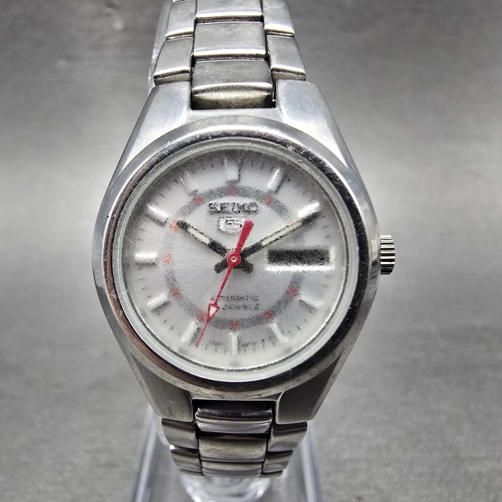 Seiko 5 Automatic Watch Women 24mm Silver Dial Steel Daydate 4207-01B0 Runs VTG0