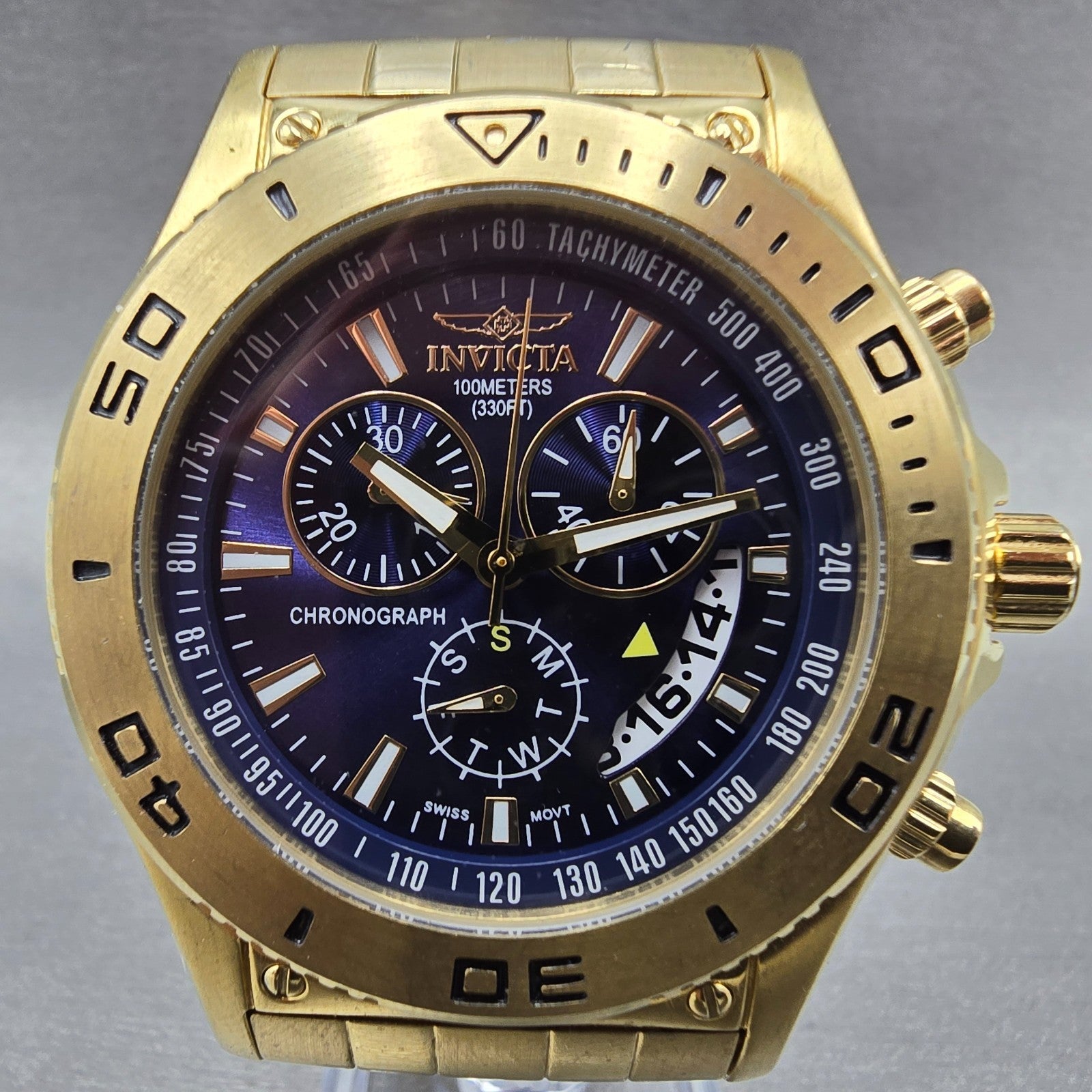 Invicta Chronograph Dive Watch Men 46mm Blue Dial Gold Tone Daydate 6858 New Bat1