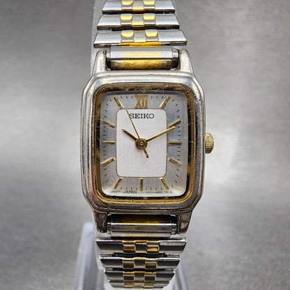 VTG Seiko Tank Watch Women 18mm White Dial Two Tone Rectangle V4015720 New Batt0