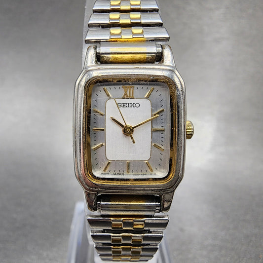 VTG Seiko Tank Watch Women 18mm White Dial Two Tone Rectangle V4015720 New Batt0
