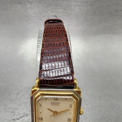 Seiko Tank Watch Women 20mm White Dial Two Tone Rectangle 73215470 New Battery4
