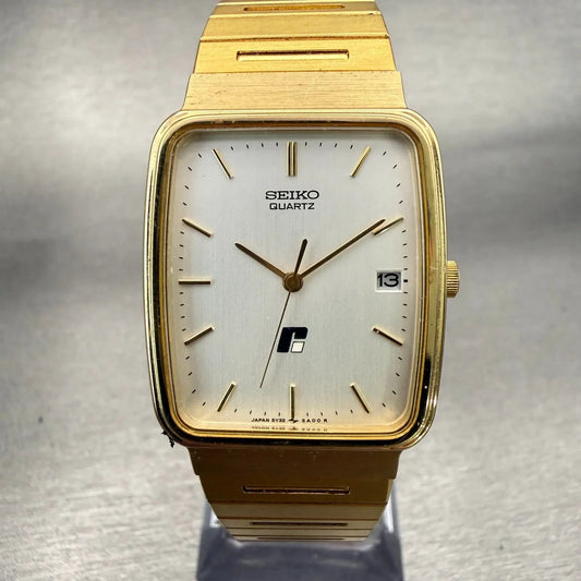 Seiko Watch Men 26mm White Dial Gold Tone Date Rectangle 5Y32-5A09 New Battery0