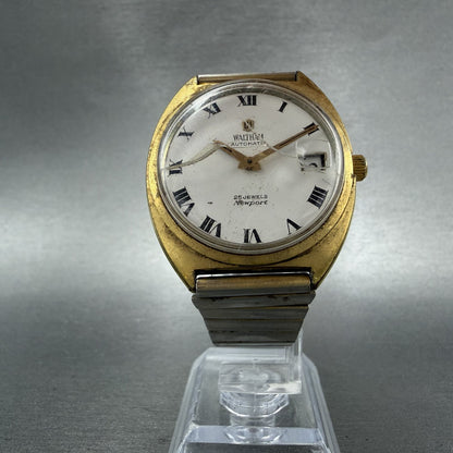 Waltham Newport Automatic Watch Men 35mm White Dial Gold Tone Date Round Runs5