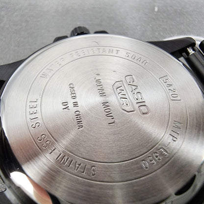 Casio MTP-E350 Watch Men 39mm Black Dial Black Steel Daydate Metal Bracelet