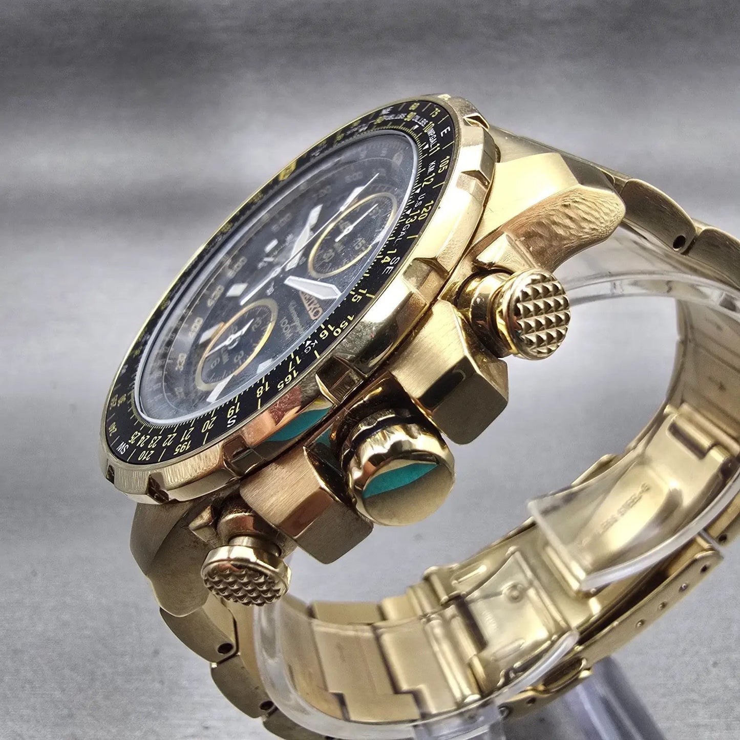 Seiko Flightmaster Chronograph Watch Men 45mm Black Dial Gold 7T62-0JR0 New Batt3