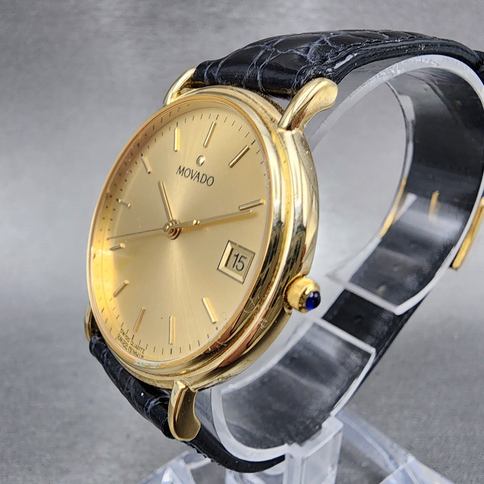 Movado Watch Men 34mm Gold Dial Gold Tone Date Round Leather Box New Battery6