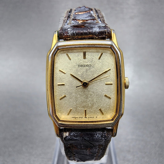 Seiko Tank Watch Women 20mm Champagne Dial Gold Tone 2p21-5220 New Battery