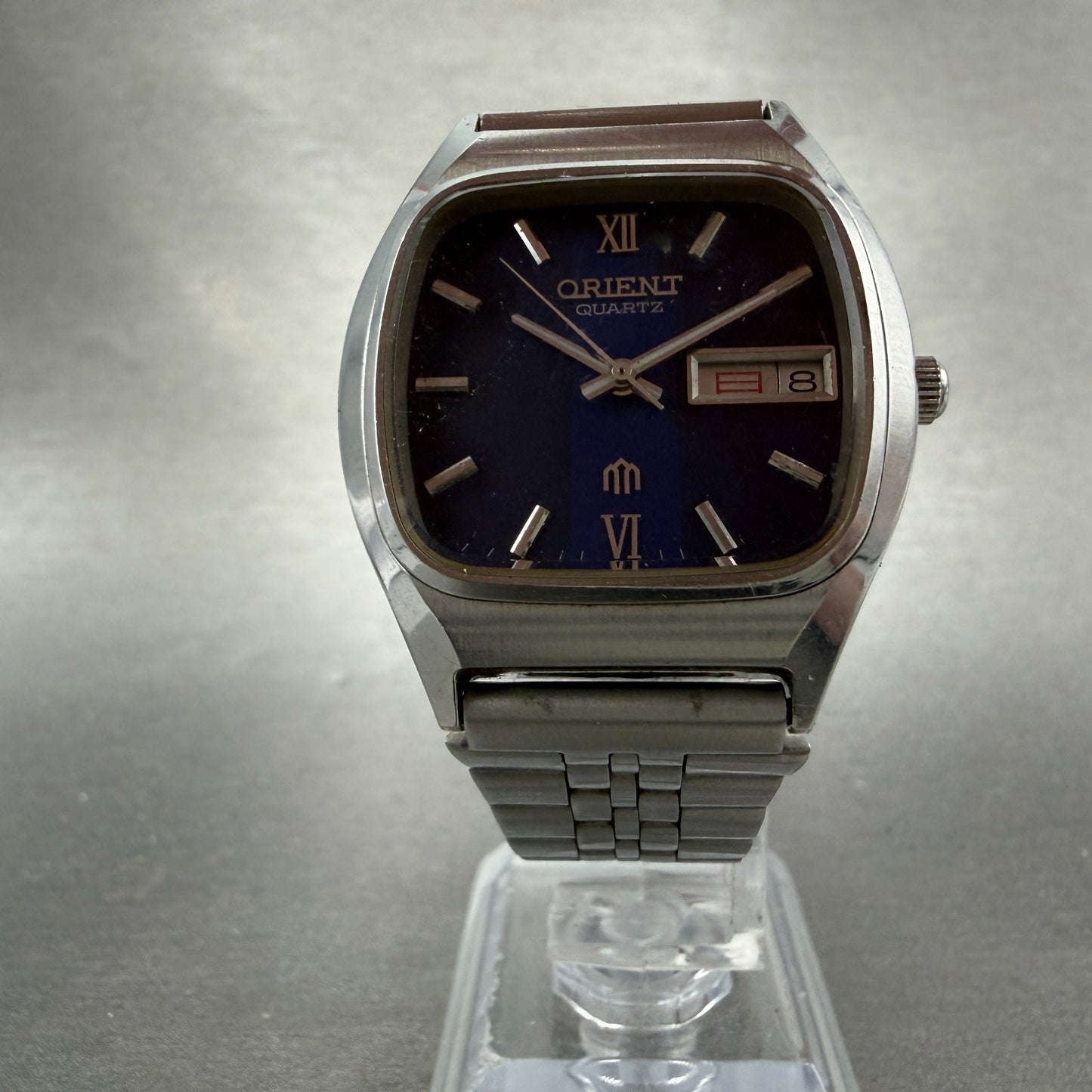 Orient Watch Men 34mm Blue Dial Silver Tone Daydate 049108-40 New Battery VTG5