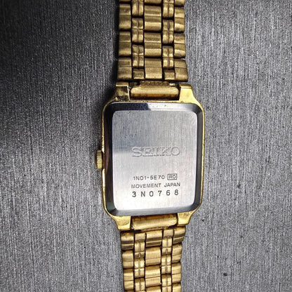 Seiko Watch Women 17mm Gold Dial Gold Tone Rectangle 1N01-5E70 New Battery VTG10