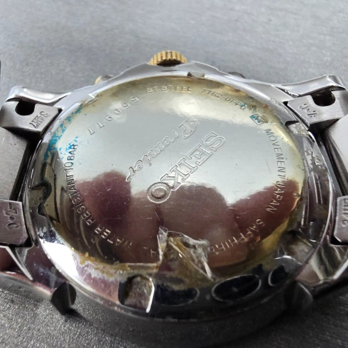 Seiko Premier Chronograph Watch Men 38mm White Dial Two Tone Date 7T62-0FF0 PART10
