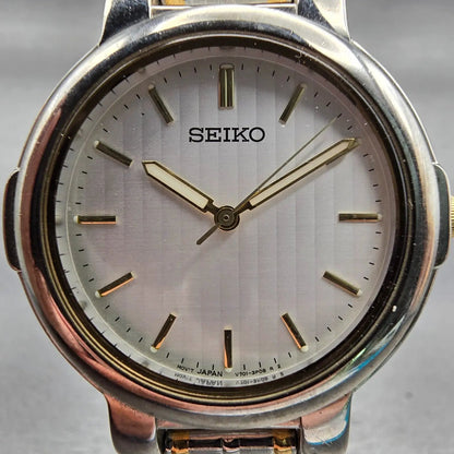 Seiko Watch Men 34mm Silver Dial Two Tone Round V701-2F40 New Battery Vintage1