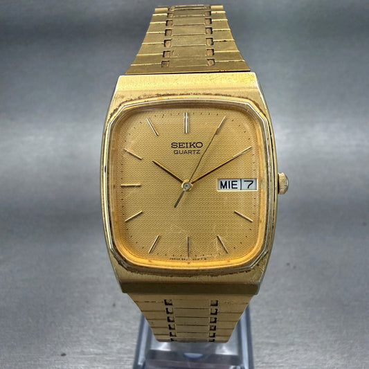 Seiko Watch Men 29mm Gold Dial Gold Tone Daydate Rectangle 6533-5010 New Battery0