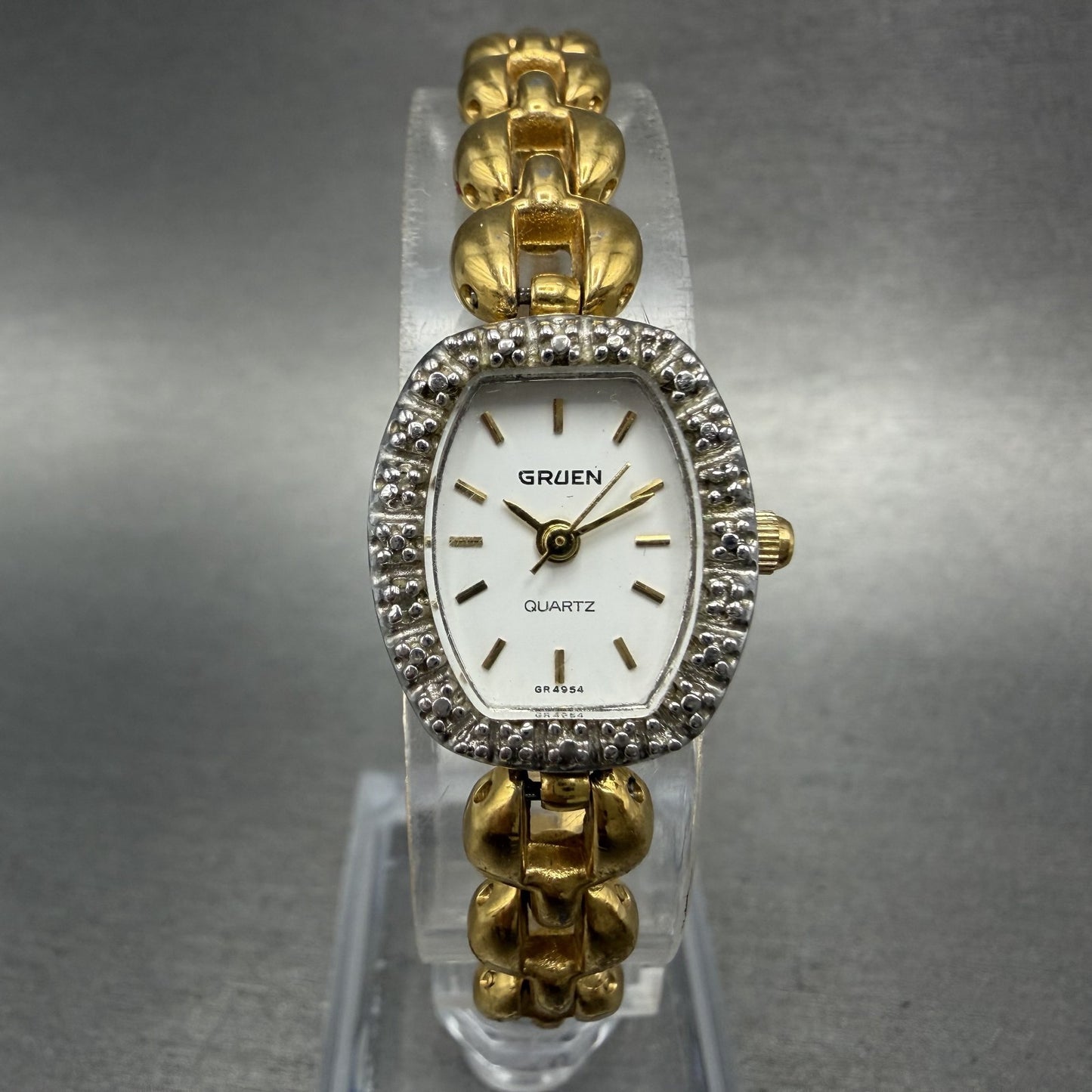 Gruen Watch Women 17mm White Dial Gold Oval Diamond Bezel New Battery VTG0