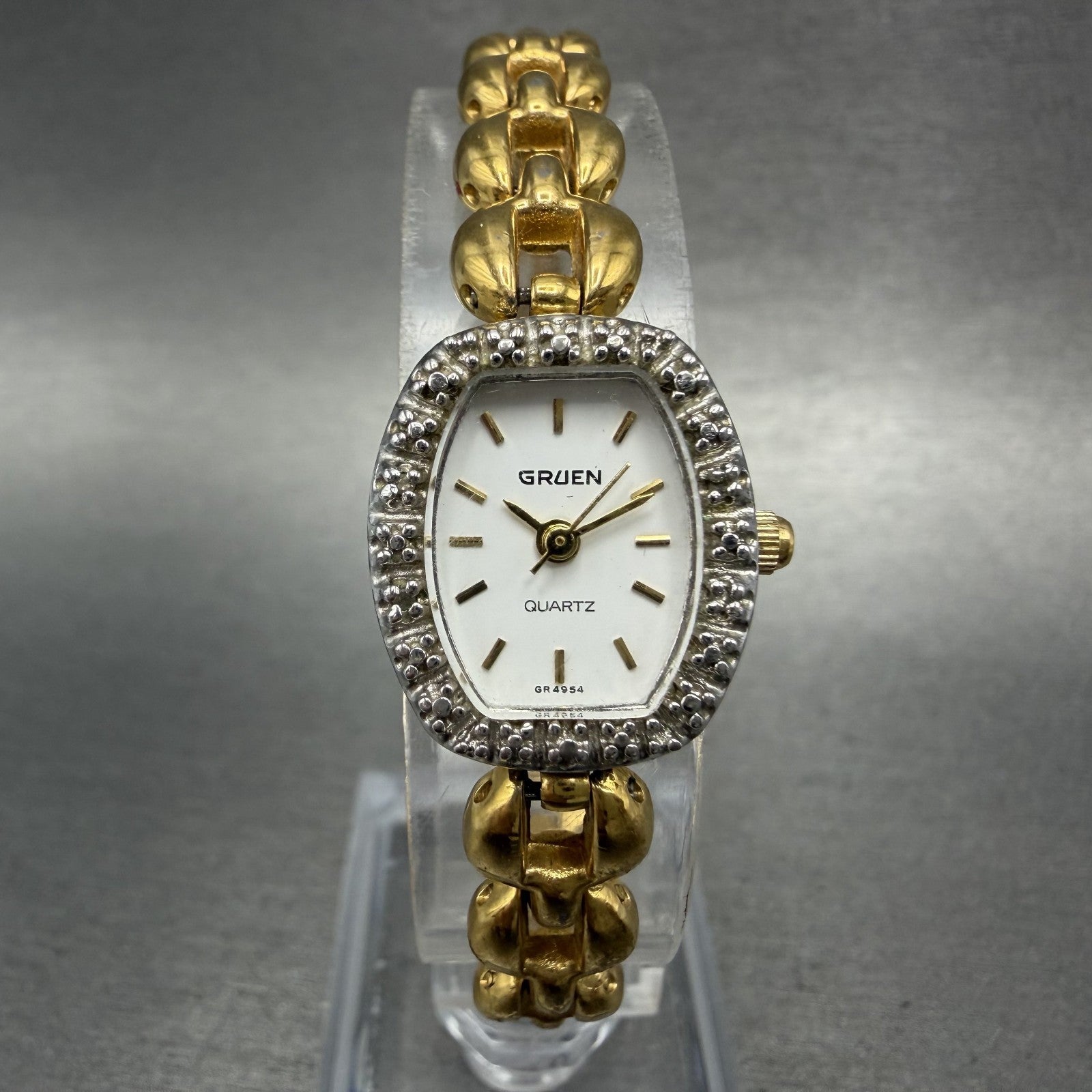 Gruen Watch Women 17mm White Dial Gold Oval Diamond Bezel New Battery VTG0