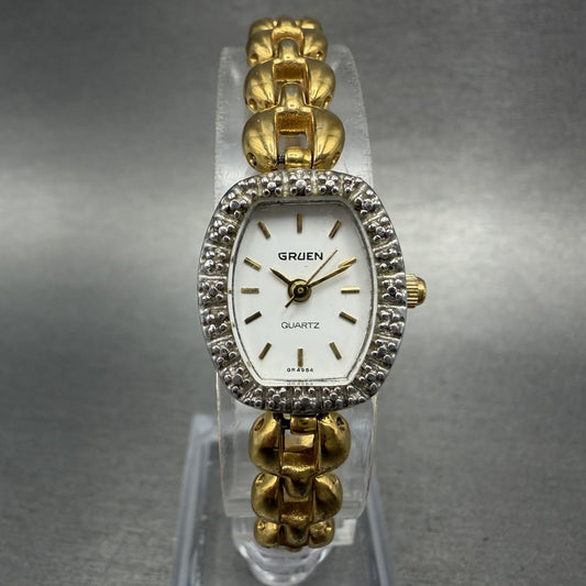 Gruen Watch Women 17mm White Dial Gold Oval Diamond Bezel New Battery VTG0