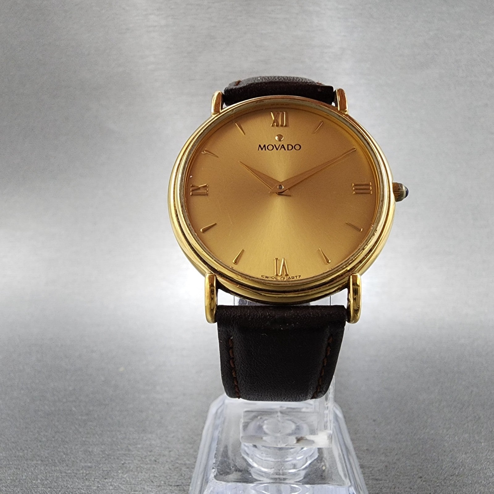 Movado Watch Men 34mm Gold Dial Gold Tone Round 87E40885 Leather New Battery5