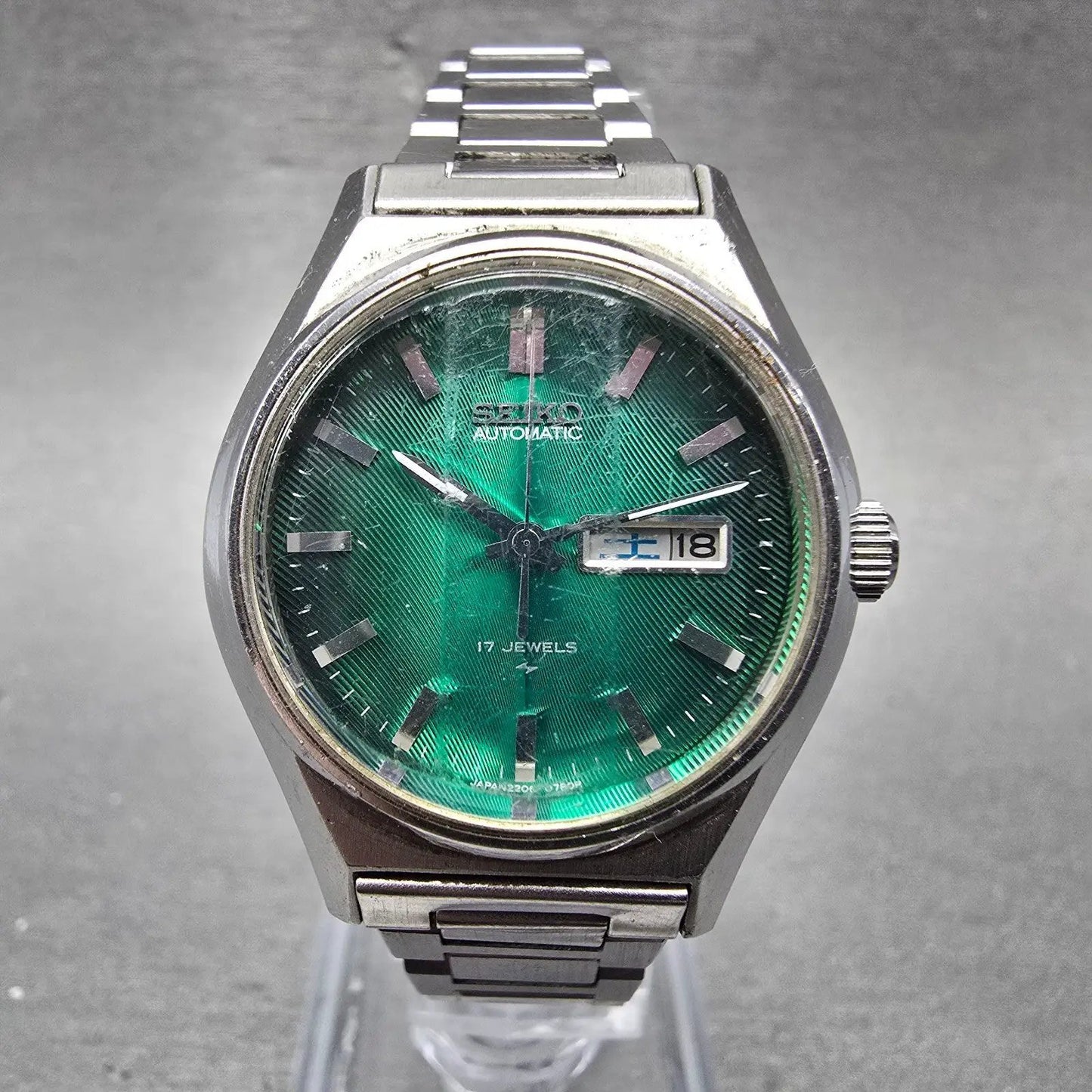 Seiko Automatic Watch Women 29mm Green Dial Silver Tone Daydate 2206-0440 PARTS!0