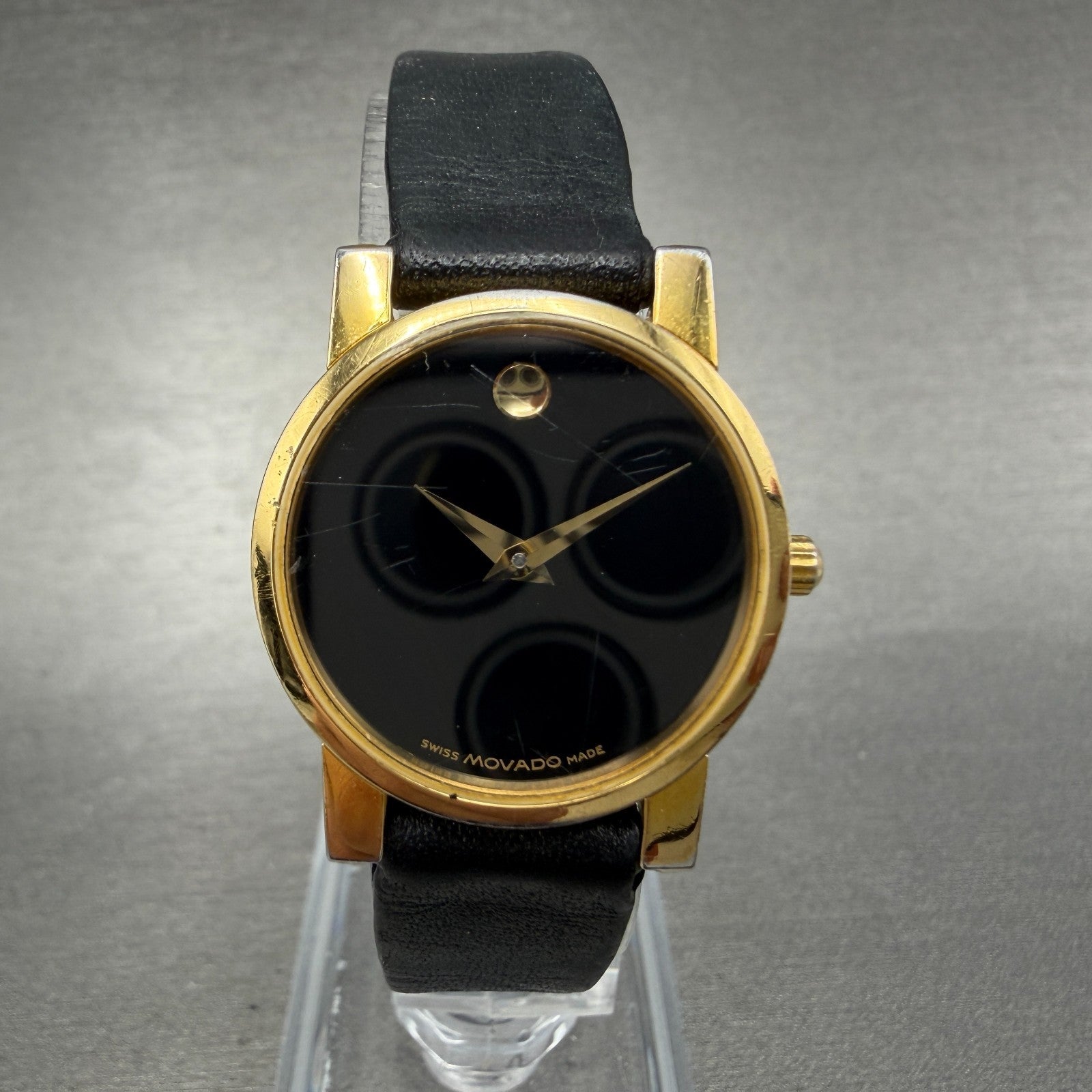Movado Muesum Watch Women 25mm Black Dial Gold Tone Round 87 A1 845 New Battery10