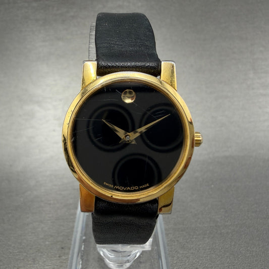 Movado Muesum Watch Women 25mm Black Dial Gold Tone Round 87 A1 845 New Battery10