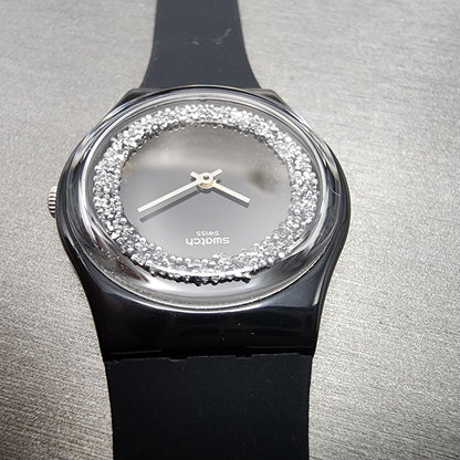 Swatch Sparkle Night Watch Women 34mm Black Dial Black Tone Round READ! New Batt4
