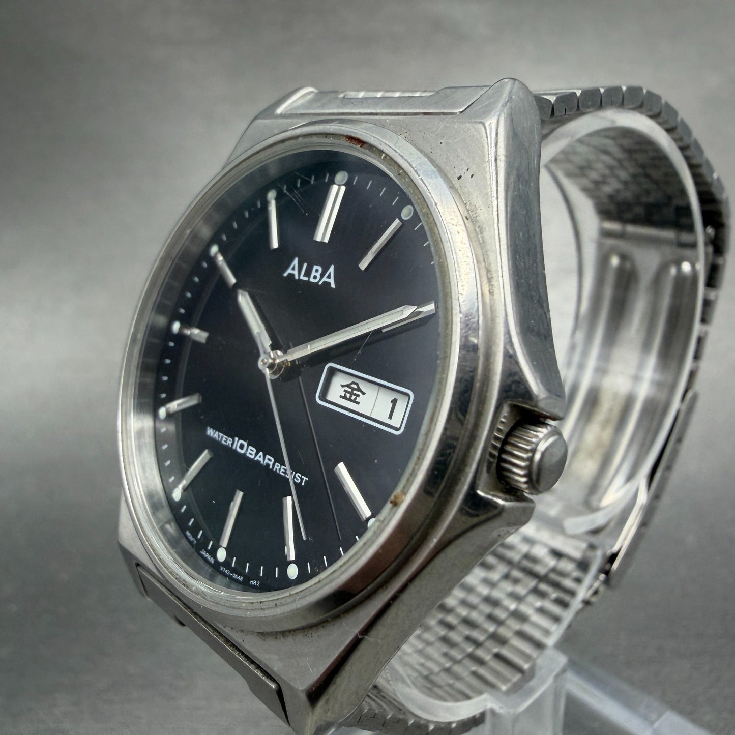 Seiko Alba Watch Men 37mm Black Dial Silver Tone Daydate V743-0a20 New Battery 42