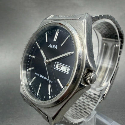 Seiko Alba Watch Men 37mm Black Dial Silver Tone Daydate V743-0a20 New Battery 42