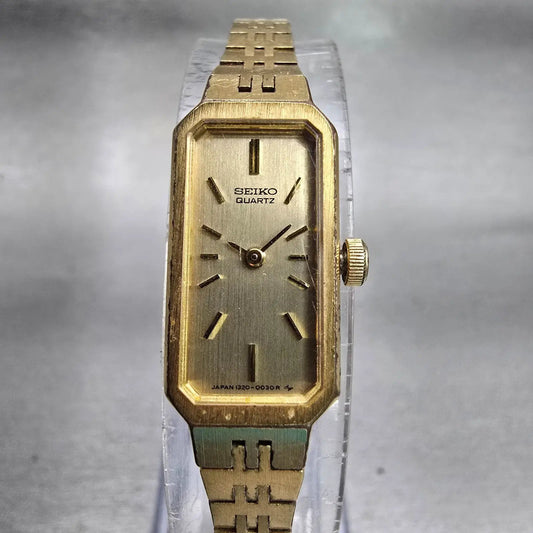 Seiko Watch Women 12mm Gold Dial Gold Tone Rectangle 1320-5029 New Battery VTG F0