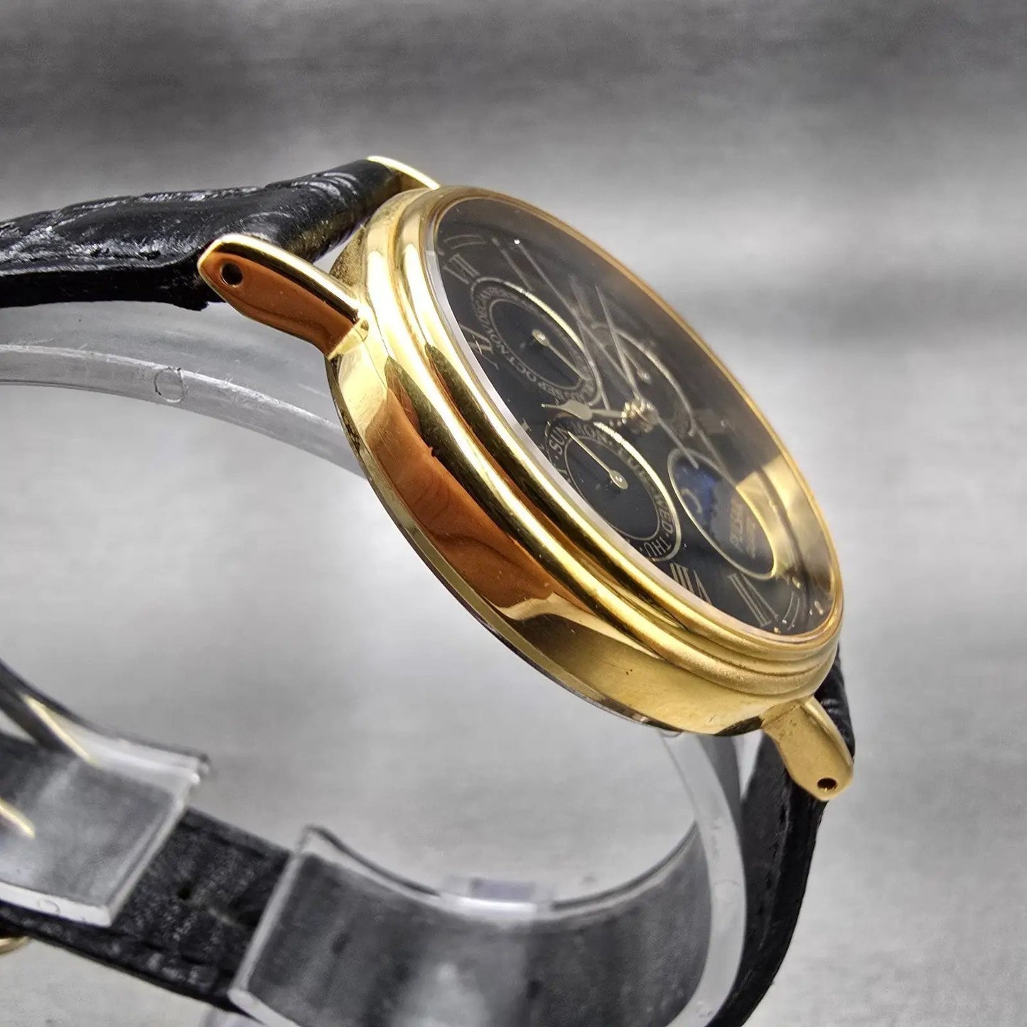 Pulsar Watch Men 33mm Black Dial Gold Sun Moon Triple Calendar V33F-8A10 New Bat2