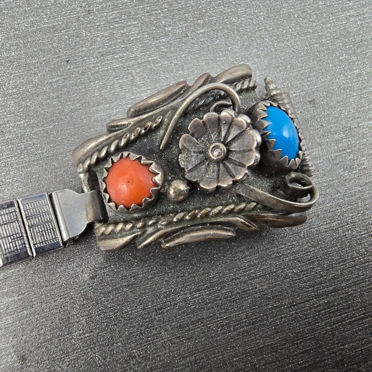 Navajo Sterling Silver Watch Band Tips 10mm Coral Turquoise Flower Design VTG3