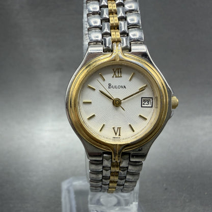Bulova Watch Women 24mm White Dial two Tone Date Round 98M02 New Battery ABCD0