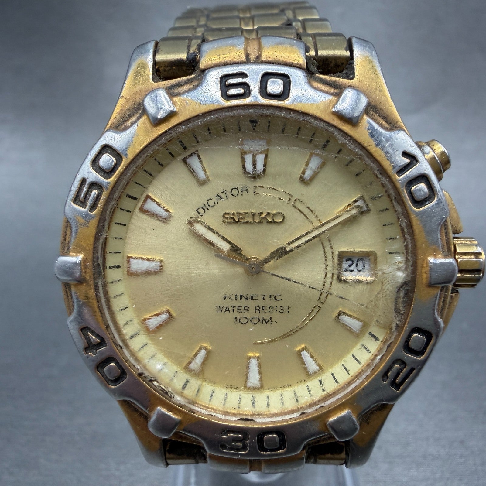 Seiko Kinetic Dive Watch Men 39mm Champagne Dial Gold Tone Date 5M42-0M09 PARTS0