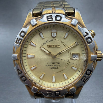 Seiko Kinetic Dive Watch Men 39mm Champagne Dial Gold Tone Date 5M42-0M09 PARTS0