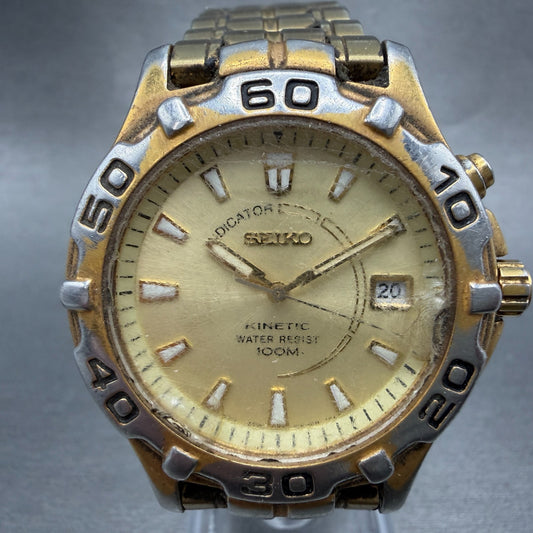 Seiko Kinetic Dive Watch Men 39mm Champagne Dial Gold Tone Date 5M42-0M09 PARTS0