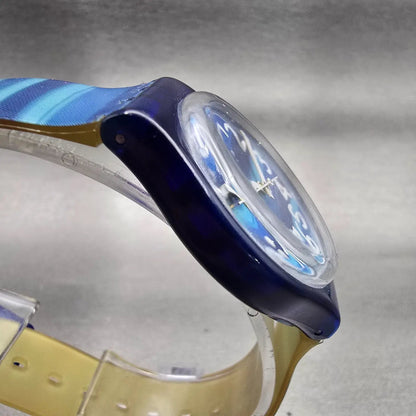 Swatch LINAJOLA Watch Men 34mm Blue Dial Blue Tone Round GN237 New Battery D3