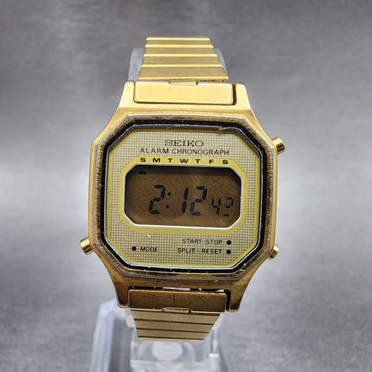 Seiko Digital Watch Women 23mm LCD Gold Tone Alarm Chrono Octagon New Battery