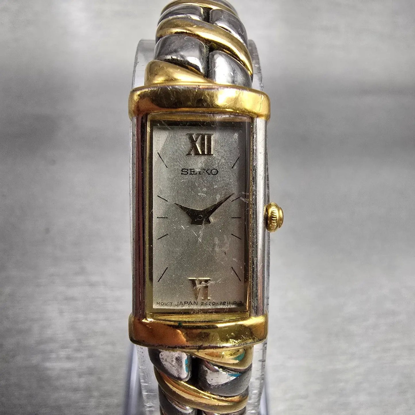 Seiko Watch Women 13mm MOP Dial Two Tone Rectangle 2E20-7259 New Battery VTG0