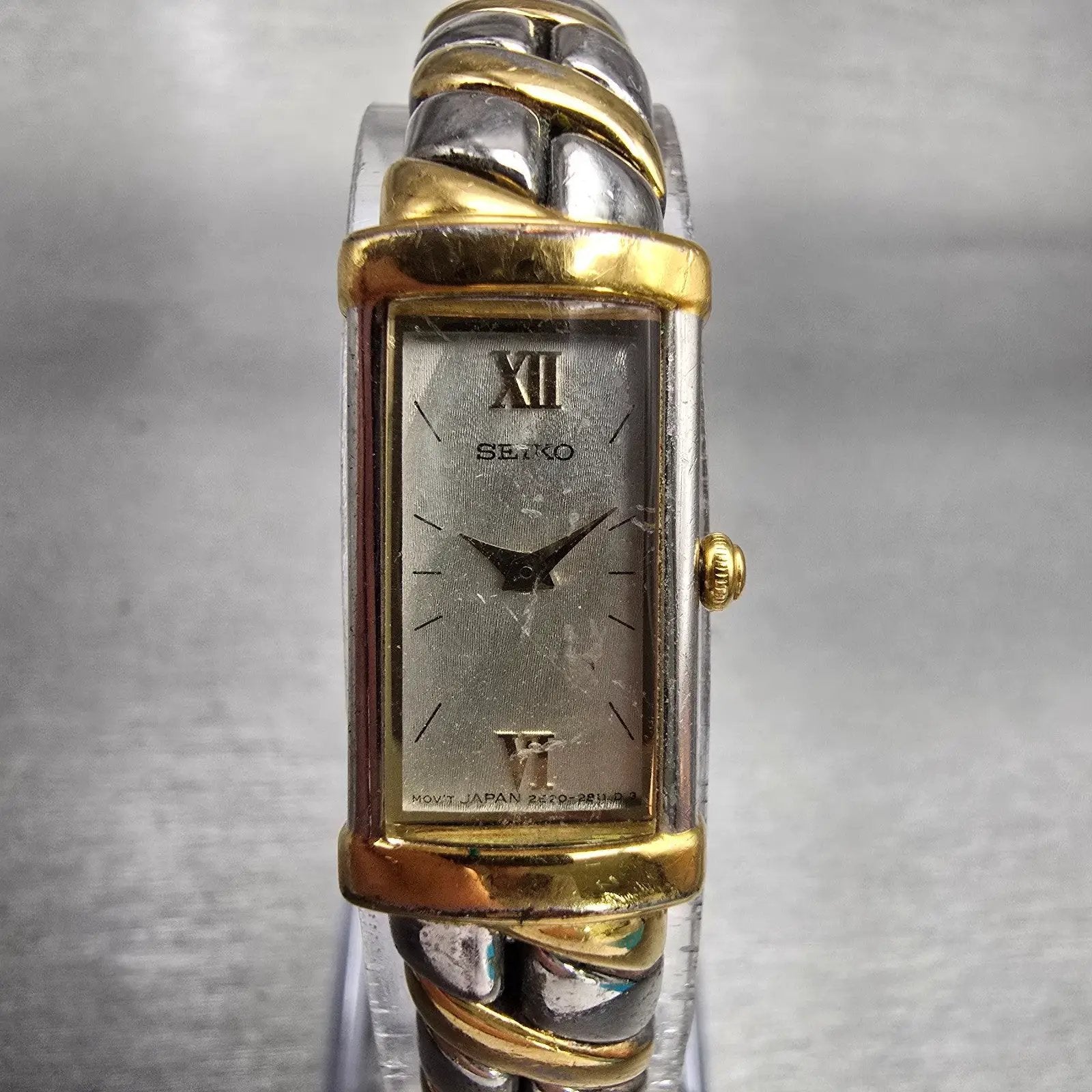 Seiko Watch Women 13mm MOP Dial Two Tone Rectangle 2E20-7259 New Battery VTG0