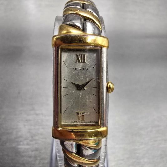 Seiko Watch Women 13mm MOP Dial Two Tone Rectangle 2E20-7259 New Battery VTG0