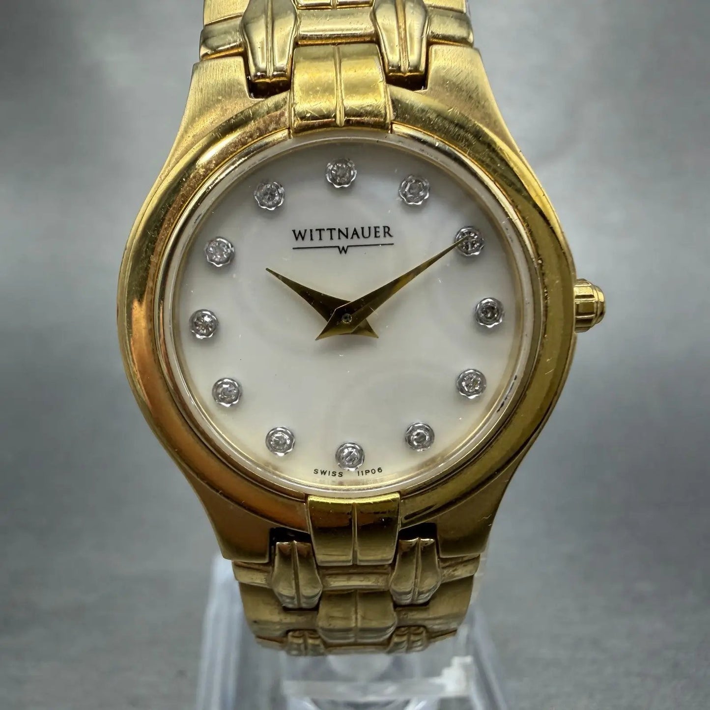Wittnauer Watch Women 25mm MOP Dial Gold Tone Round Crystals 11P06 New Battery0